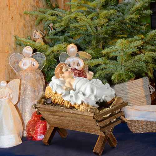 Menkxi Baby Jesus Manger Ornament Wooden Manger with Natural Hay Jesus Nativity Scene Decoration Religious Christmas Decoration Mini Manger for Indoor Nativity Scene