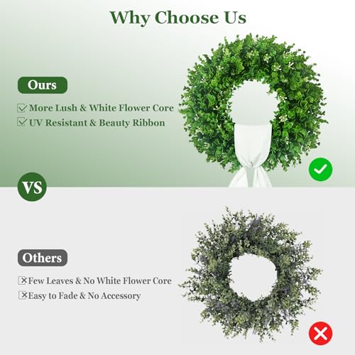 20'' Boxwood Wreath with White Sash - Artificial Front Door Decor