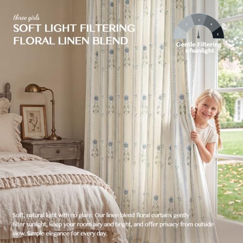 White Green Floral Linen Blend Curtains - 2 Panels, 40" W x 90" L, Farmhouse Style