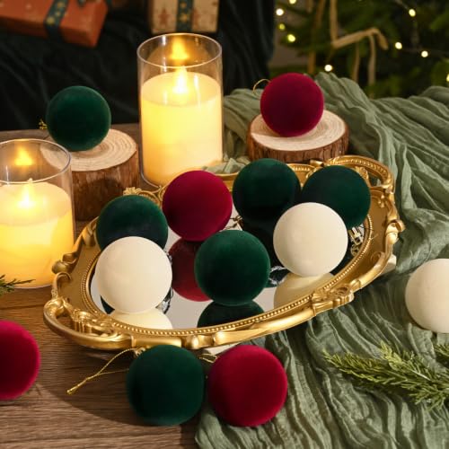 50 Pcs Velvet Christmas Ornaments Balls - Burgundy Green Beige 2.36in - MecTo
