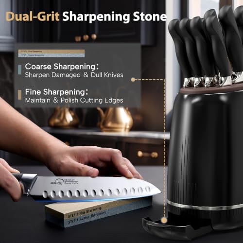 Amorston 14-Piece Kitchen Knife Set with Block & Sharpening Stone - Black