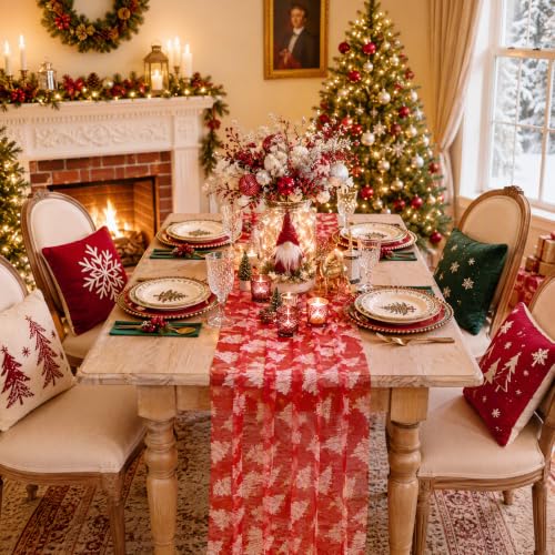 SoarDream Red Christmas Tree Table Runner 29x120 Inch Holiday Tulle Linen
