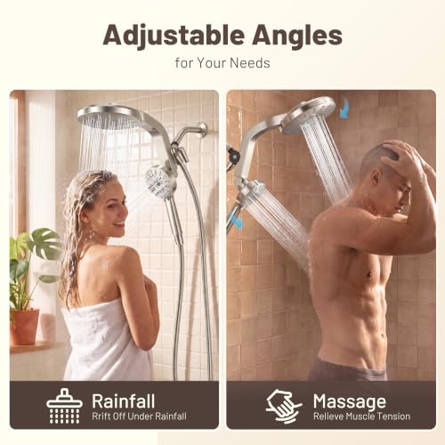 Rain Shower Head with Handheld Spray Combo - Magnetic Dock, 60° Lift-Up Rainfall, Brushed Nickel