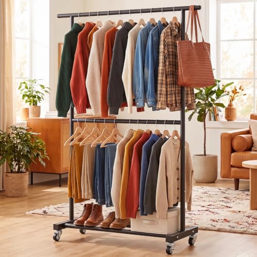 Black Double Rod Metal Clothing Rack on Wheels - 47.24" L, Portable Garment Stand with Shoe Shelf