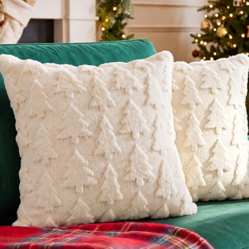 FEHERLO Christmas Tree Throw Pillow Covers 18x18 in Beige, Set of 2 – White Trees Variation