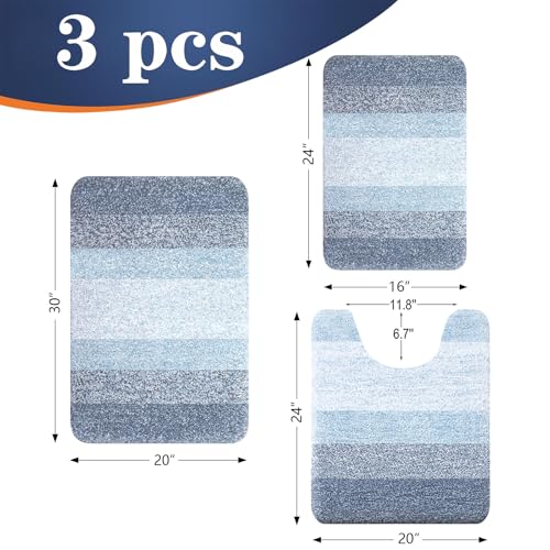 OLANLY Microfiber Bathroom Rugs Set 3 Piece U-Shape Blue Non-Slip Absorbent Bath Mat Set