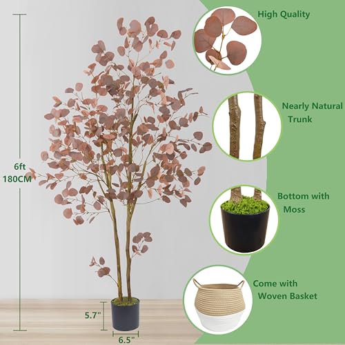 Artificial Eucalyptus Tree 6ft with Red Leaves and Basket - Indoor Outdoor Decor