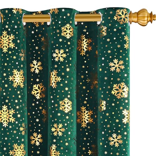 Yinhua 52"x84" Green Velvet Curtains with Gold Snowflake Foil, 2 Panels, Blackout Thermal Drapes