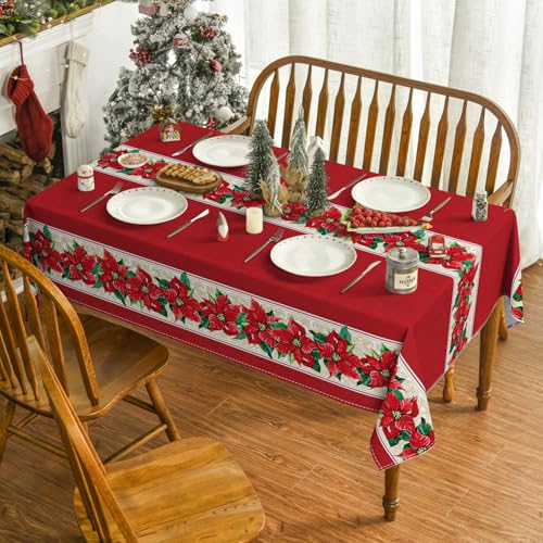Horaldaily Christmas Tablecloth 60 x 84 Inch Rectangular Poinsettia Red