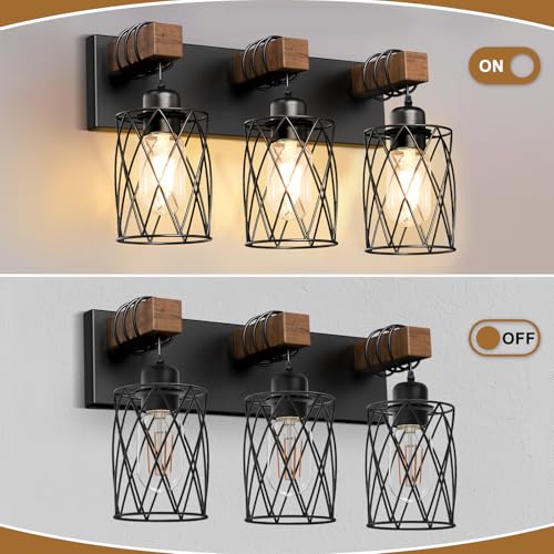 Black Farmhouse Bathroom Vanity Light - 3-Light Wooden & Metal Fixture
