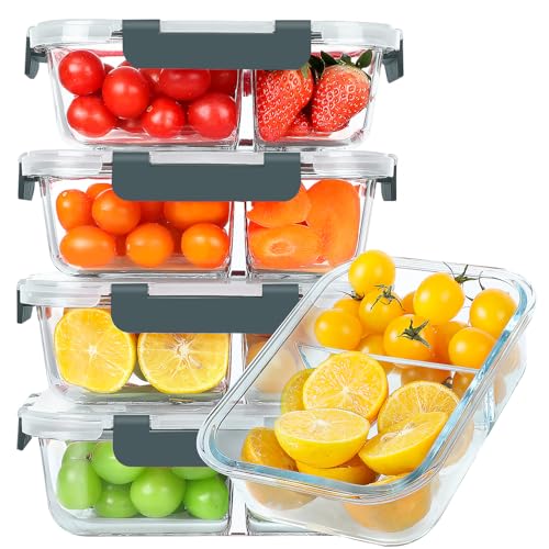 KOMUEE Gray 2-Compartment Glass Meal Prep Containers 30 oz 5 Pack