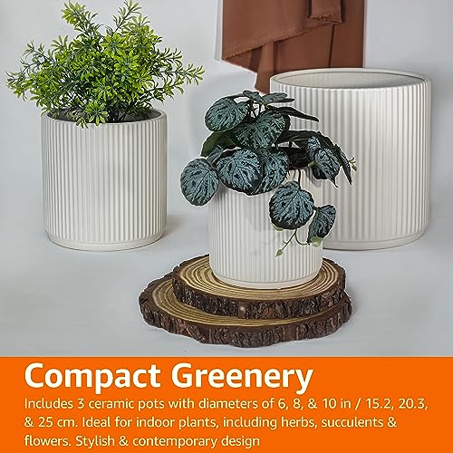 White Fluted Ceramic Plant Pots Set of 3 - 6, 8 & 10 Inch Indoor Outdoor