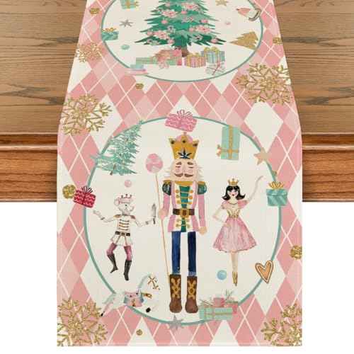 Artoid Mode Pink Diamond Plaid Nutcracker Snowflake Christmas Table Runner, Seasonal Winter Kitchen Dining Table Decoration for Home Party Decor 13x72 Inch