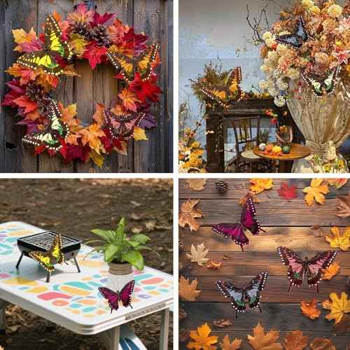 12pcs Earth Tone Butterfly Fall Decoration Thanksgiving Christmas Tree Ornaments 5-Inch Feather Butterfly Clip for Flower Bouquets Birthday Party Clothes Decor Xmas Wreath Crafts