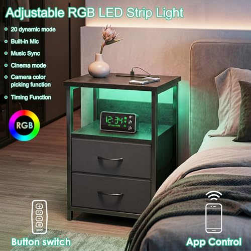 Fixwal Nightstand with Charging Station, 2 Drawers, Black LED Light (15.7"D x 11.8"W x 23.6"H)