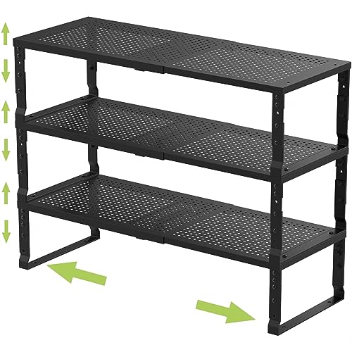 Jojocross Expandable Stackable Metal Kitchen Organizer - 3 Pack Black, Adjustable & Rustproof Pantry Shelves, 10.24"D x 16.6"~26.5"W x 6.1"/7.5"H