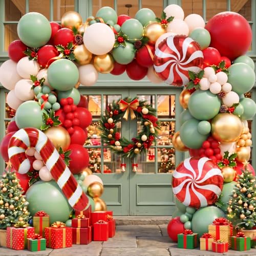 Jenlion 136Pcs Christmas Balloon Arch Kit with Large Mylar Foil Balloons - Red, Sage Green, White