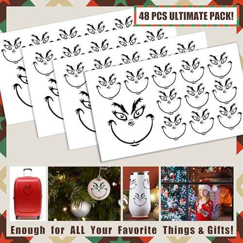 48PCS Christmas Decorations Stickers for Ornaments, Waterproof Vinyl DIY Face Decals for Home Project, Party Supplies