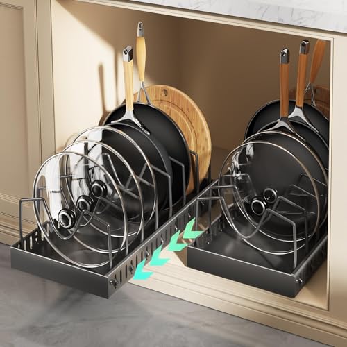 Lozovin Pull Out Pot and Pan Organizer with 8 Adjustable Dividers, 2 Pack - Under Cabinet Sliding Lid and Bakeware Rack, Black