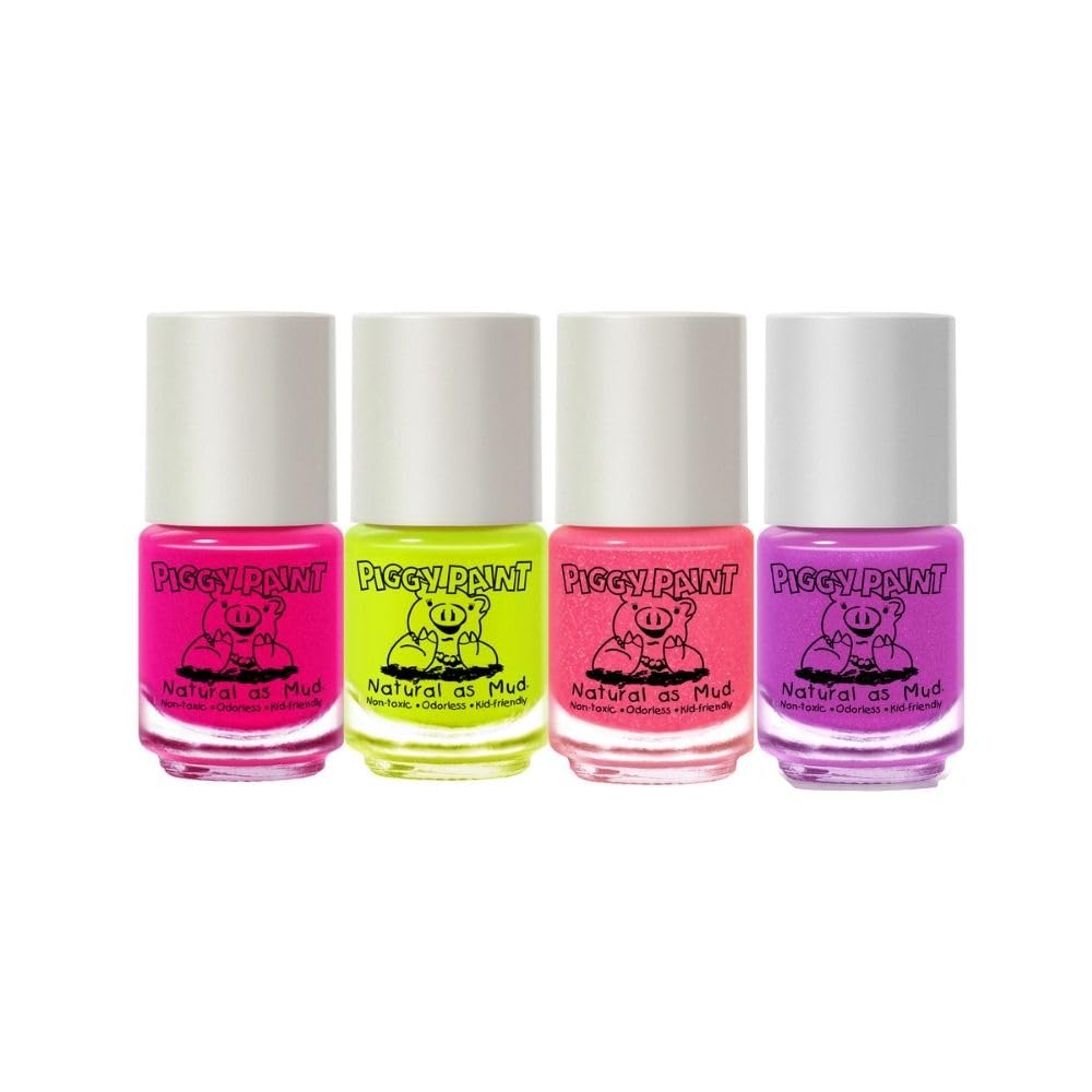 Piggy Paint Neon Nail Polish Set - 4 Vibrant Colors with Bonus Blacklight Glow Feature