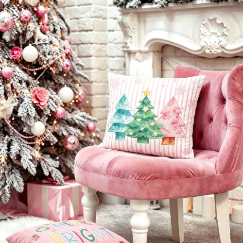 Pink Christmas Pillow Covers Set of 4 18x18 Holiday Watercolor Decor