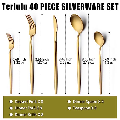 40 Piece Gold Silverware Set for 8 – Stainless Steel Flatware Utensils for Home & Wedding