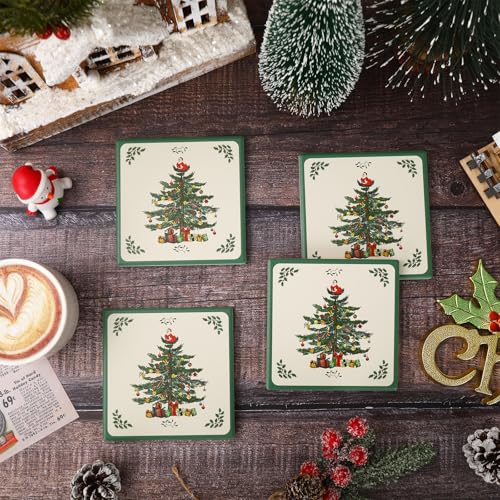 Vintage Christmas Tree Ceramic Coasters Set of 4 - Holiday Drink Mats for Home & Gifts