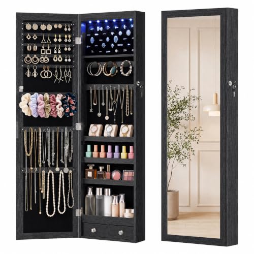Hanging Jewelry Armoire Cabinet with Mirror & LED Lighting - 47.2 Inch