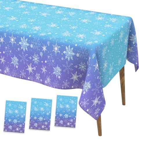 Snowflake Tablecloth 54 x 108 " Winter Wonderland Decorations 3 PCS Christmas Snowflake Table Cloth Purple Blue Plastic Tablecloths Frozen Disposable Table Cover for Xmas Birthday Holiday Party Decor