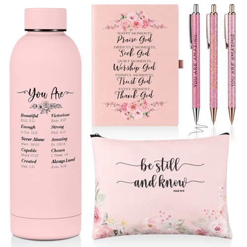 Pink Christian Gift Set with Water Bottle, Makeup Bag, Pens & Notebook - Religious Easter & Mother's Day Gift