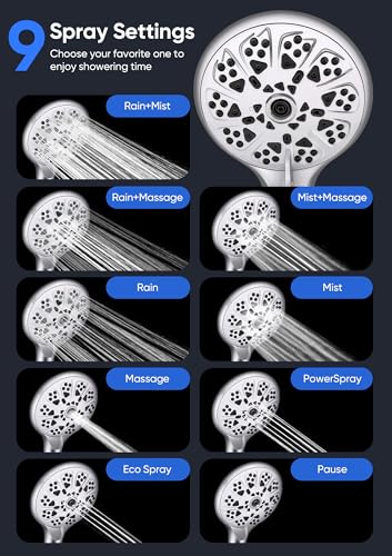 Brushed Chrome Dual Shower Head Set with Handheld & Fixed Rain Shower, 9 Spray Modes, 59" Hose
