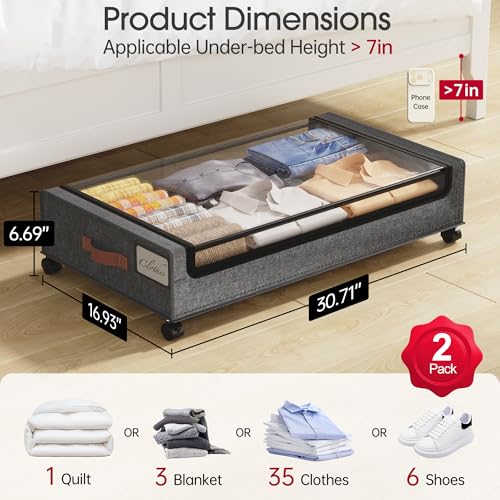 Yecaye Under Bed Storage with Wheels, 2Pack Containers, Underbed Shoe