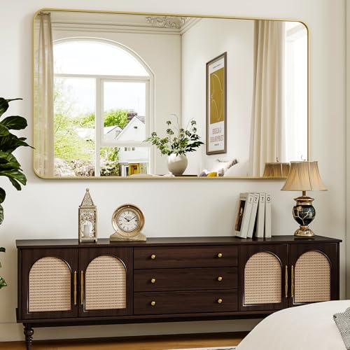 Gold Rectangular Bathroom Mirror - 30x48 Inch Wall-Mounted Vanity Mirror - Rounded Corners