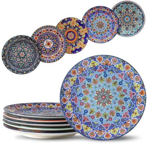Bohemian 10.5 Inch Ceramic Dinner Plates Set of 6 - Vibrant Pattern, Dishwasher Safe