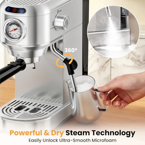 AERCANA Silver 20 Bar Espresso Machine with Milk Frother - Compact Coffee Maker