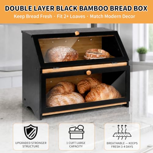HOMEKOKO Double Layer Wooden Bread Box, Keep Fresh Longer, Black