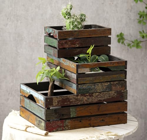 Set of 3 Rustic Wooden Nesting Crates - Farmhouse Decorative Storage Baskets - Random Variation
