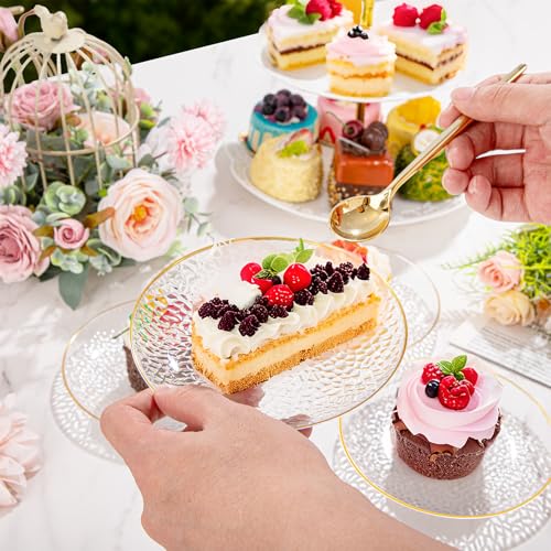 Rubtlamp 100 Pack Clear Gold Plastic Dessert Plates 6 Inch - Hammered Elegant Appetizer & Cake Plates for Weddings & Parties