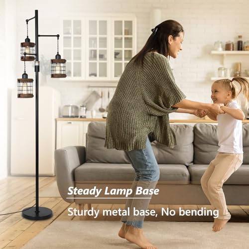Airposta Black Wood Dimmable Farmhouse Floor Lamp with 3 Cage Lights