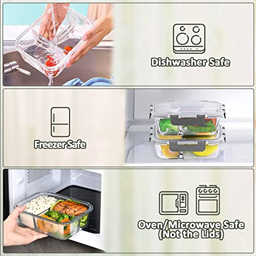 Gray 5 Pack 36oz Borosilicate Glass Meal Prep Containers with 3 Compartments & Airtight Lids