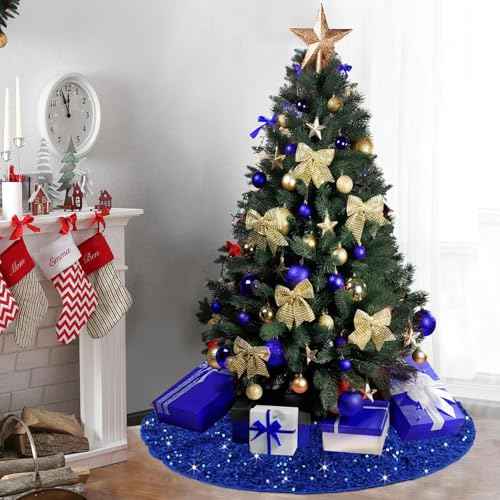Small Blue Christmas Tree Skirt 21 Inch Sequin Mini Tree Skirt for 4ft Christmas Tree Round Velvet Xmas Tree Skirt Glitter Santa Christmas Tree Skirts Box Royal Blue Christmas Ornaments