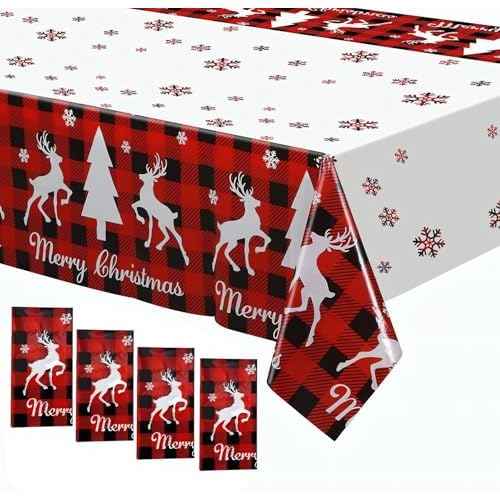 4 Pack Moose Deer Tablecloth Disposable Plastic Table Cover for Christmas Party Decoration Supplies