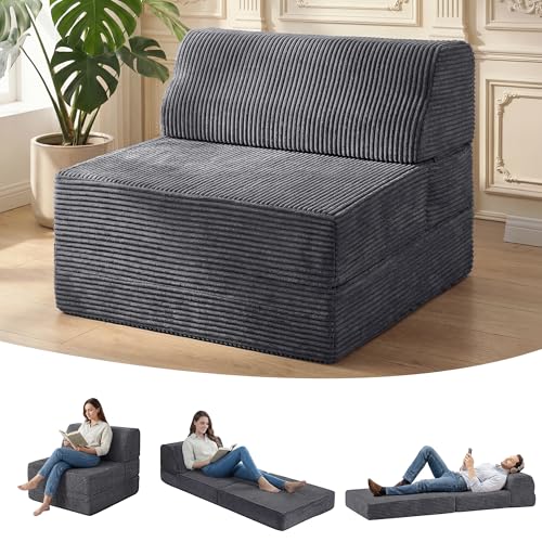 Grey Folding Sofa Bed with Pillow - Convertible Memory Foam Floor Couch for Living Room & Dorm
