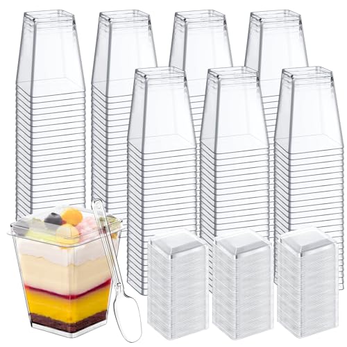 600 Pcs Clear Dessert Cups with Lids and Spoons - 5 Oz Square Plastic Food Storage