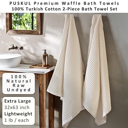 Natural Turkish Cotton Waffle Bath Towels Set of 2 - Extra-Large, Undyed