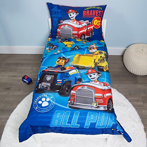 Paw Patrol Calling All Pups Boys 4-Piece Toddler Bedding Set - Comforter Sheet Pillowcase Blue