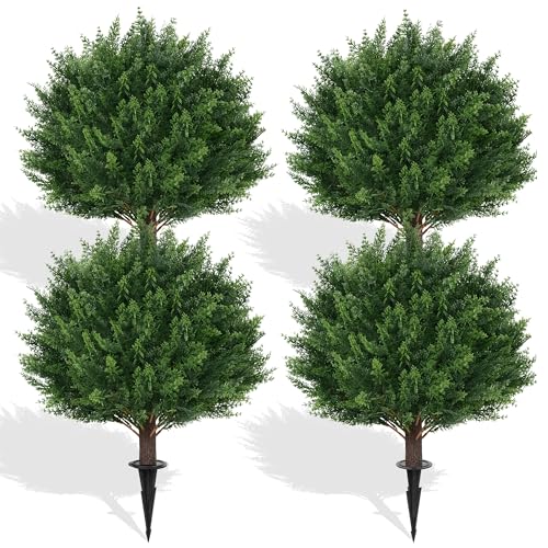 Artificial Cedar Topiary Ball Trees Outdoor UV Resistant 4 Pack - EverNature