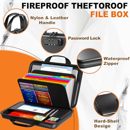 IPYIPY Black Fireproof Water-Resistant Document Organizer with Lock, 13-Pocket EVA File Box
