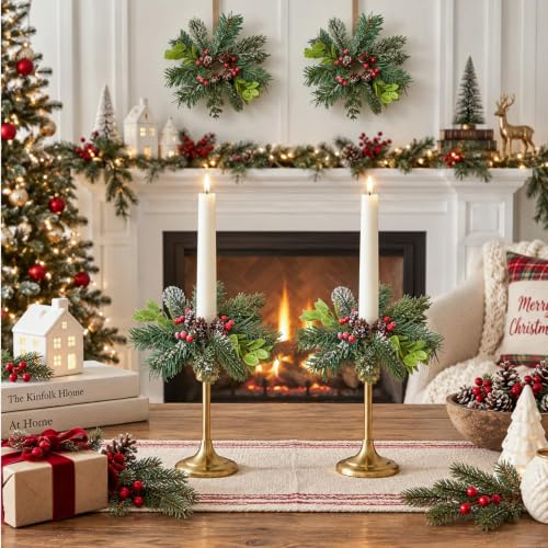 YLOLUL 12 Pcs Christmas Frosted Pine Candle Ring Wreaths Winter Decor