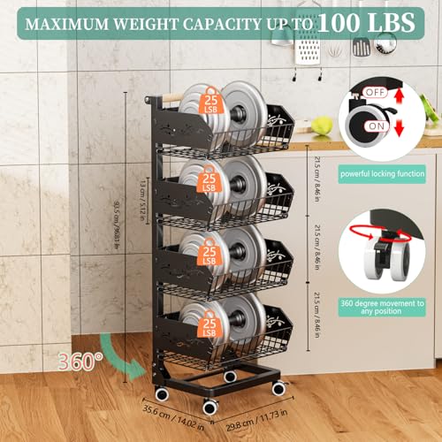 Black 4-Tier Removable Rolling Snack Cart with Wheels - Kitchen Storage